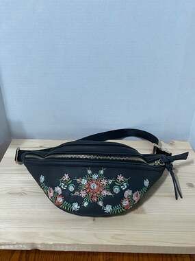 Black Floral Embroidered Faux Leather Fanny Pack Waist Bag